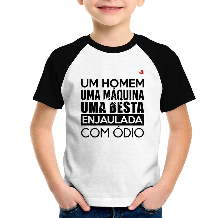 Camiseta Raglan Infantil Um homem, uma máquina, uma besta enjaulada com ódio