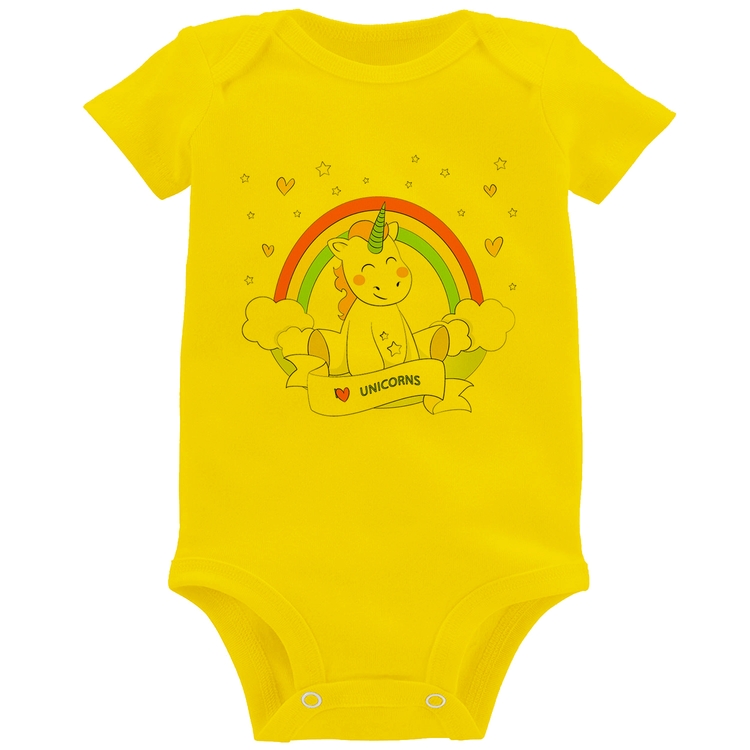 Body Bebê Unicórnio Arco Íris - Amarelo