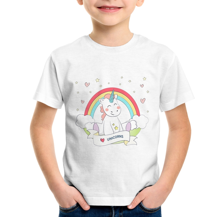 Camiseta infantil branca Unicórnio - O Gato Leleco