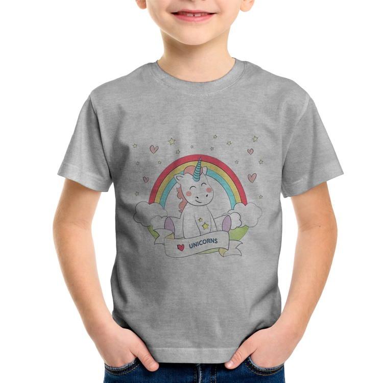 Camiseta Infantil Unicórnio Arco Íris - Cinza