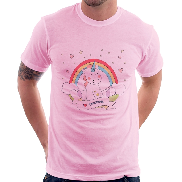Camiseta Unicórnio Arco Íris - Rosa Bebê