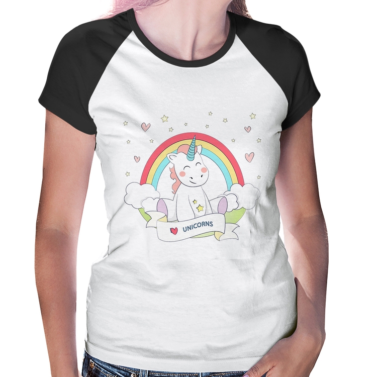 Baby Look Raglan Unicórnio Arco Íris