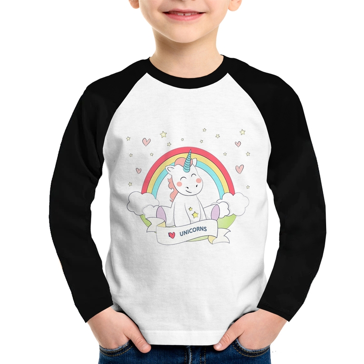 Camiseta Raglan Infantil Unicórnio Arco Íris Manga Longa
