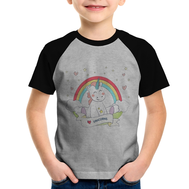 Camiseta Raglan Infantil Unicórnio Arco Íris - Cinza/Preto