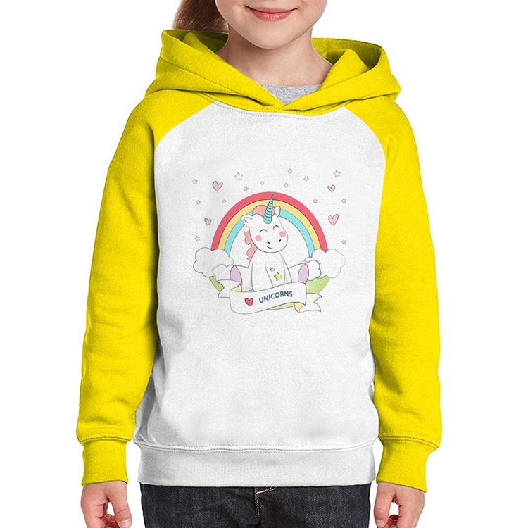 Moletom Infantil Unicórnio Arco Íris - Branco/Amarelo