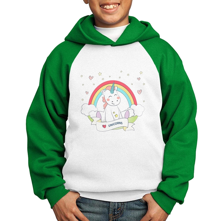 Moletom Infantil Unicórnio Arco Íris - Branco/Verde