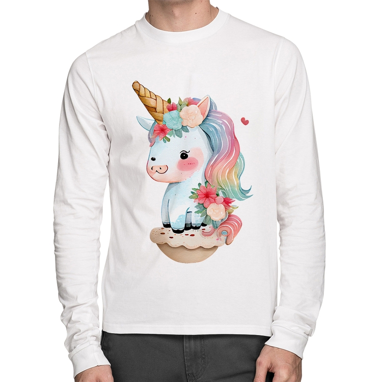 Camiseta Algodão Unicórnio Bebê Manga Longa - Branca
