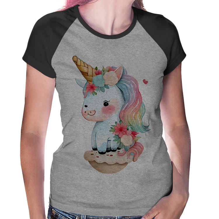 Baby Look Raglan Unicórnio Bebê - Cinza/Preto