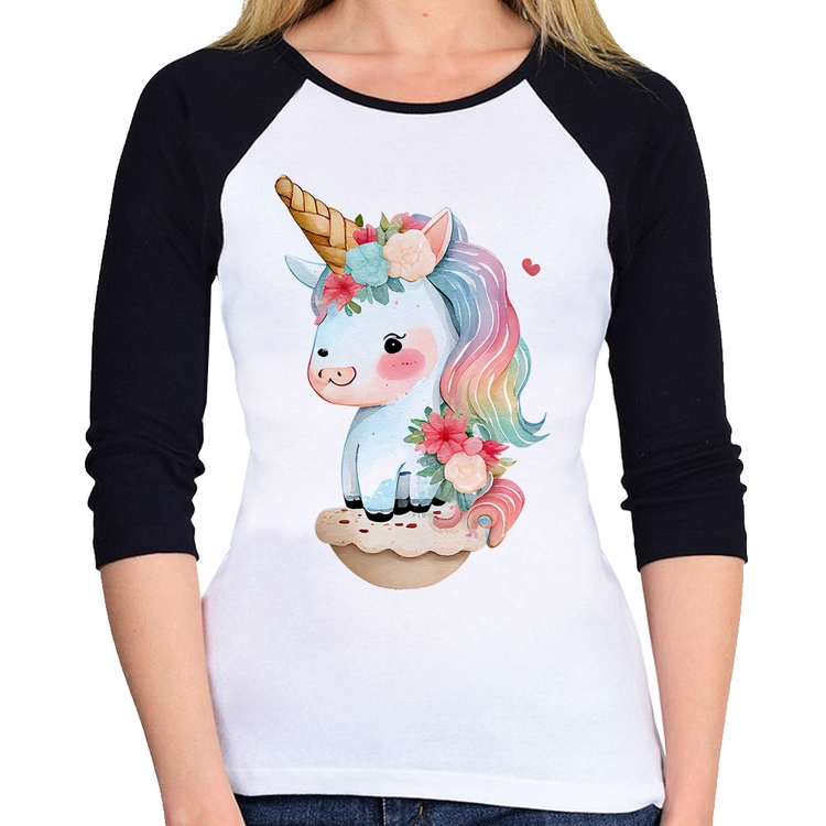 Baby Look Raglan Unicórnio Bebê Manga 3/4