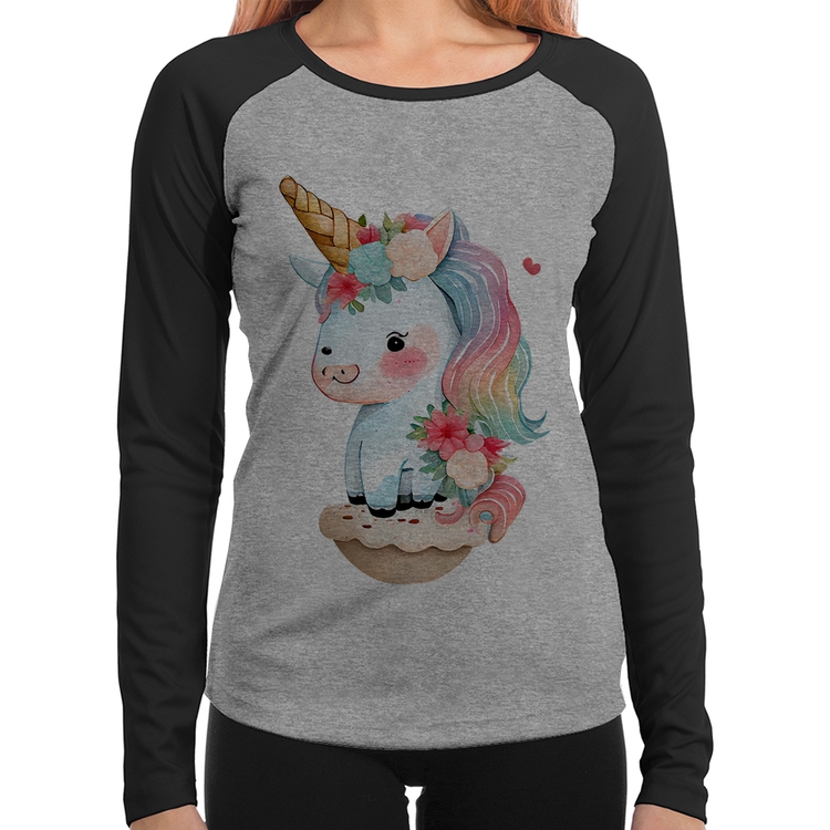 Baby Look Raglan Unicórnio Bebê Manga Longa - Cinza/Preto