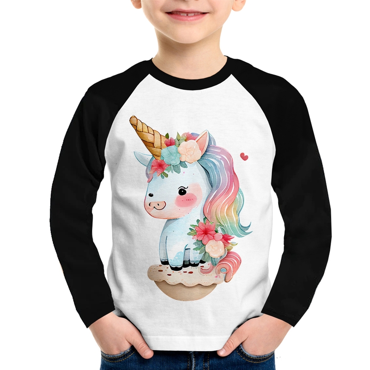 Camiseta Raglan Infantil Unicórnio Bebê Manga Longa