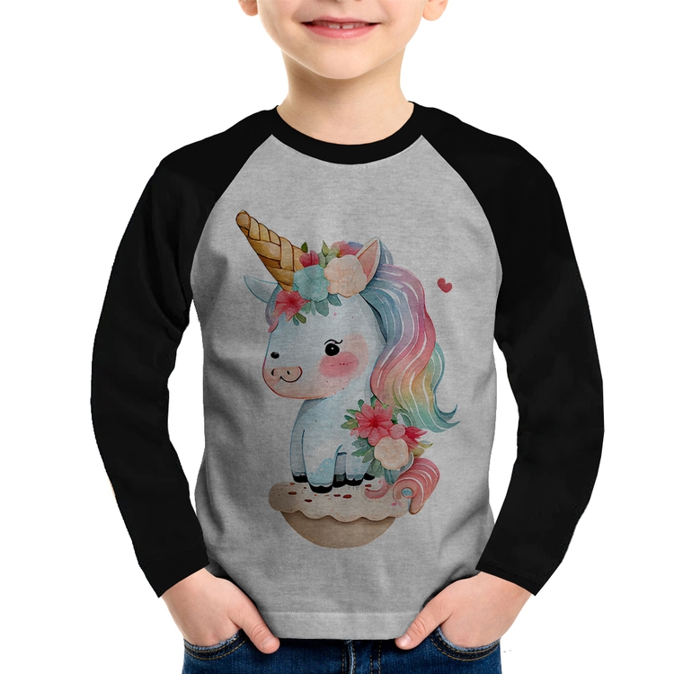 Camiseta Raglan Infantil Unicórnio Bebê Manga Longa - Cinza/Preto