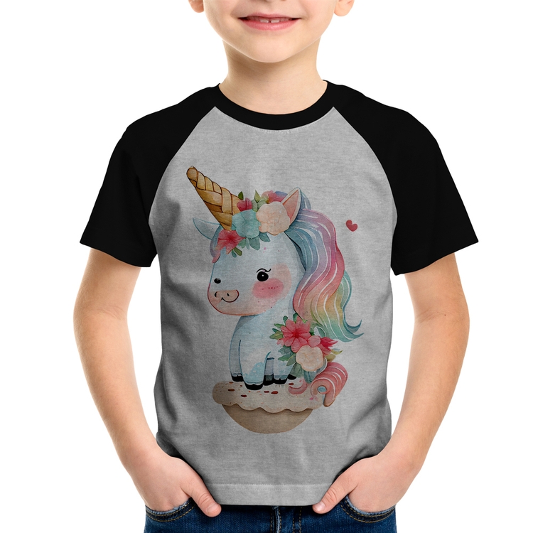 Camiseta Raglan Infantil Unicórnio Bebê - Cinza/Preto