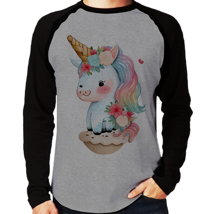 Camiseta Raglan Unicórnio Bebê Manga Longa - Cinza/Preto