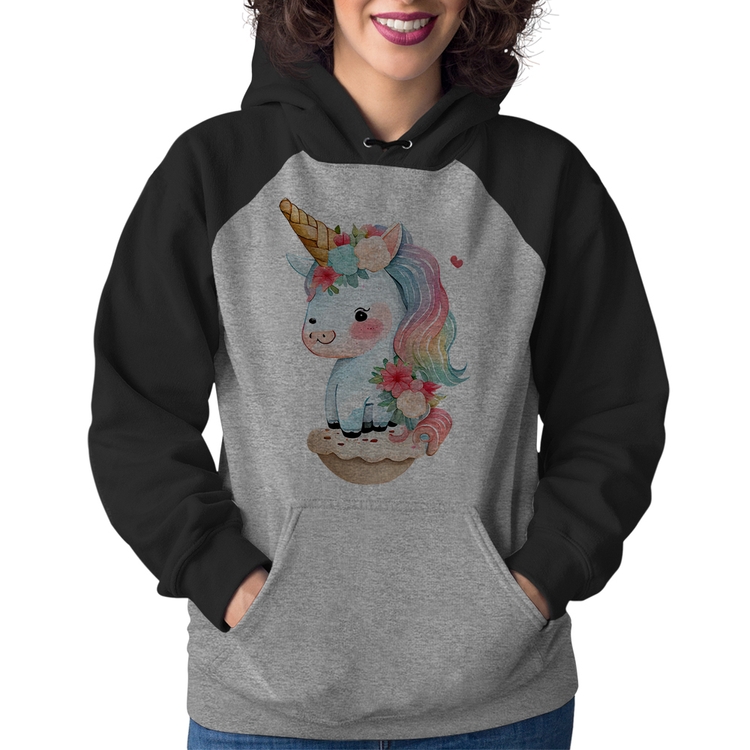 Moletom Feminino Unicórnio Bebê - Cinza/Preto
