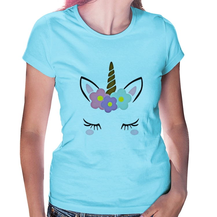 Baby Look Unicórnio Cílios - Azul Bebê