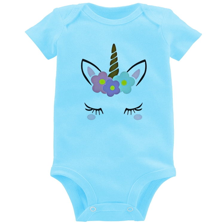 Body Bebê Unicórnio Cílios - Azul Bebê