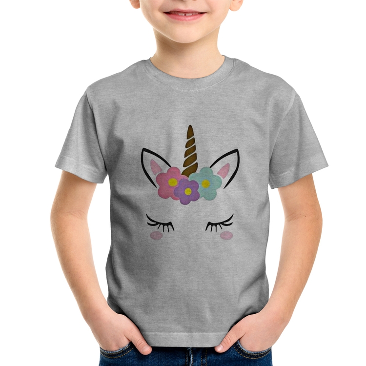 Camiseta Infantil Unicórnio Cílios - Cinza