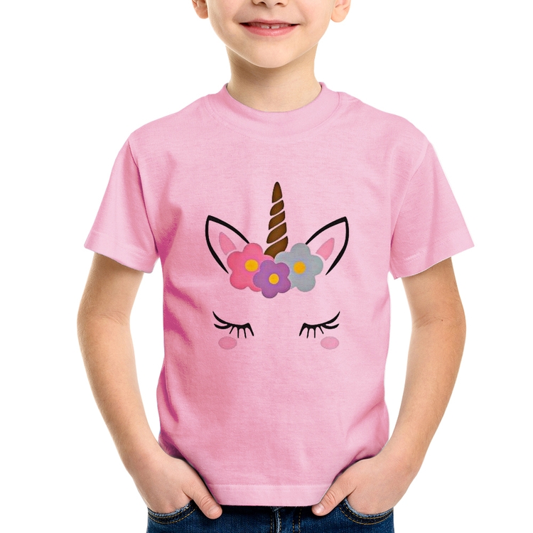 Camiseta Infantil Unicórnio Cílios - Rosa Bebê