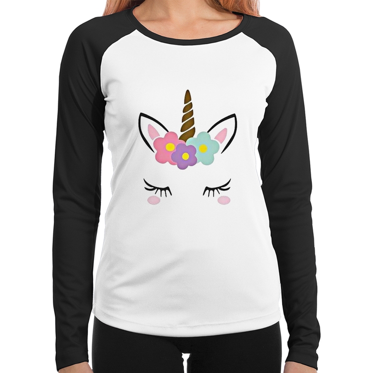 Baby Look Raglan Unicórnio Cílios Manga Longa