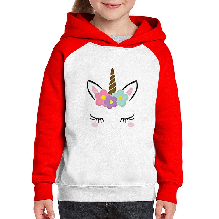Moletom Infantil Unicórnio Cílios - Branco/Vermelho