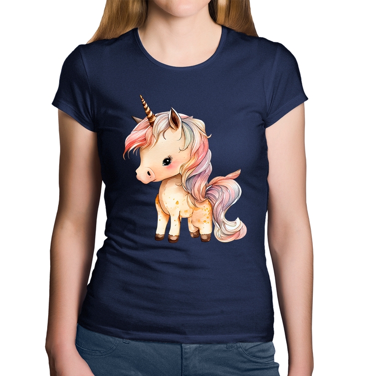 Baby Look Algodão Unicórnio Desenho - Marinho