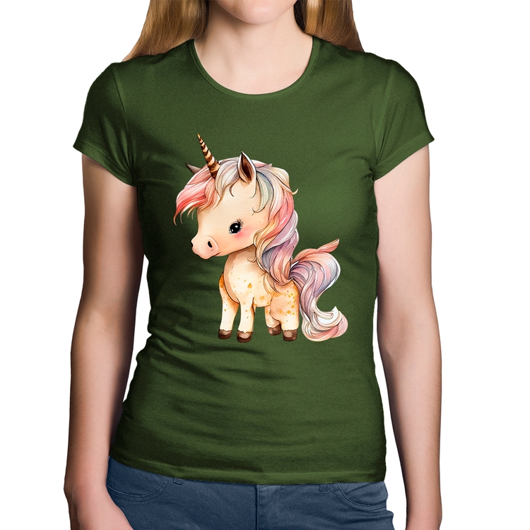 Baby Look Algodão Unicórnio Desenho - Musgo