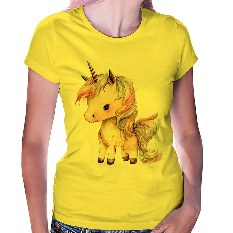 Baby Look Unicórnio Desenho - Amarela