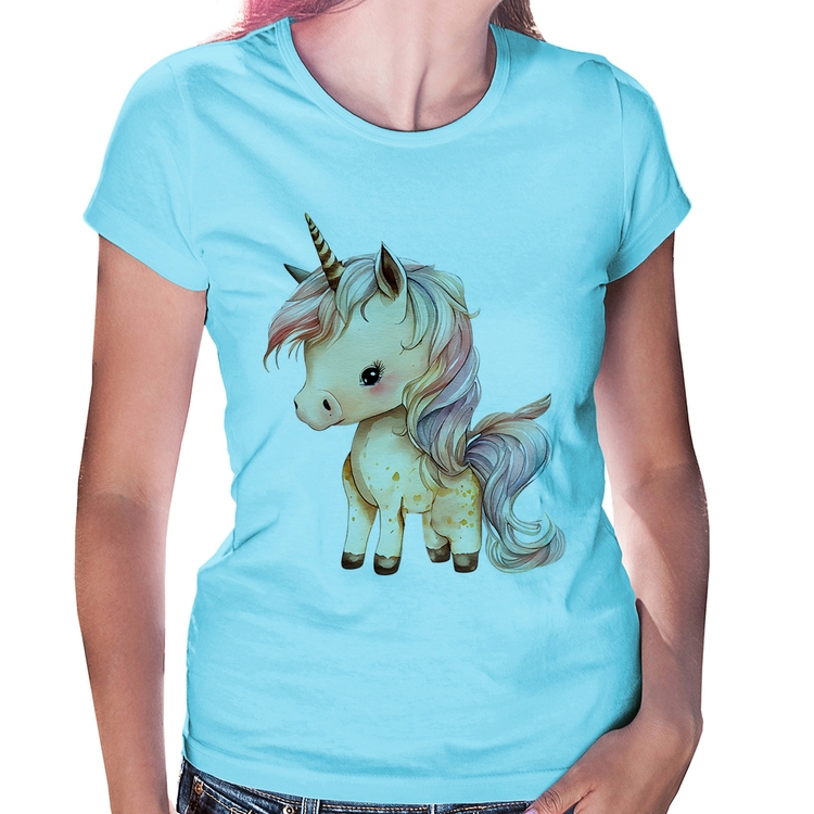 Baby Look Unicórnio Desenho - Azul Bebê