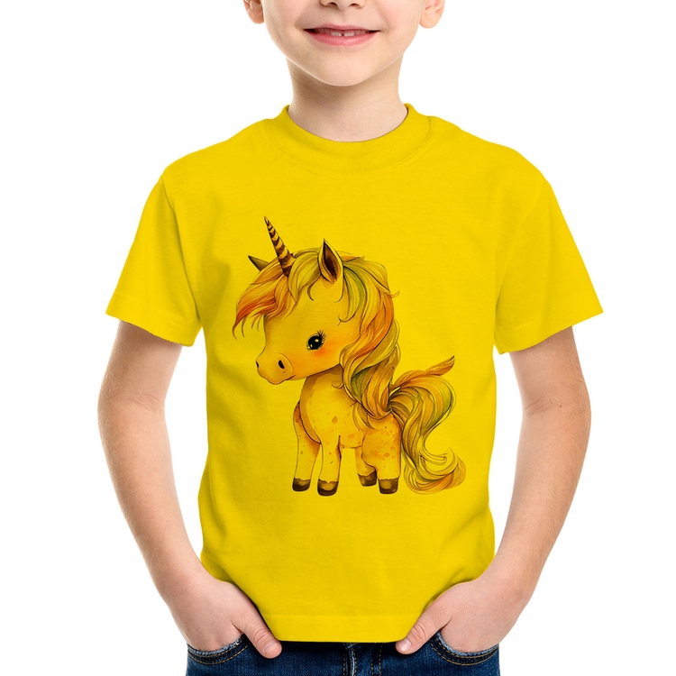 Camiseta Infantil Unicórnio Desenho - Amarela