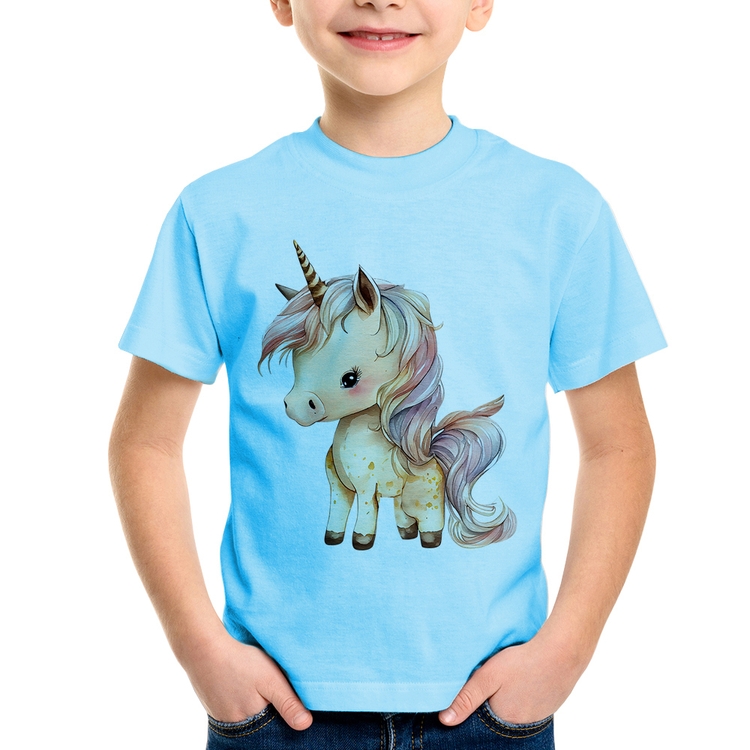 Camiseta Infantil Unicórnio Desenho - Azul Bebê