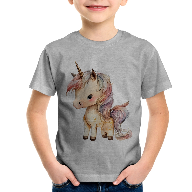 Camiseta Infantil Unicórnio Desenho - Cinza