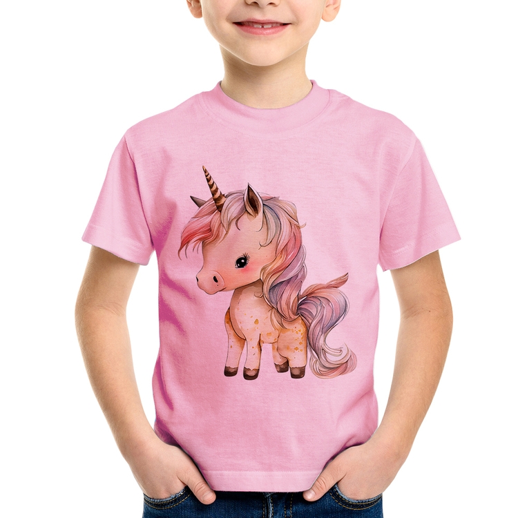 Camiseta Infantil Unicórnio Desenho - Rosa Bebê