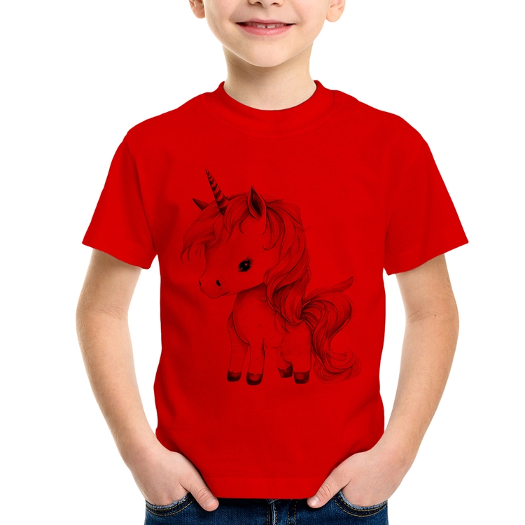 Camiseta Infantil Unicórnio Desenho - Vermelha