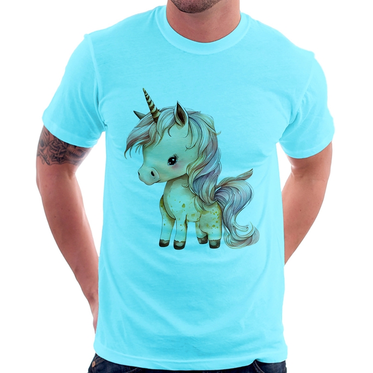 Camiseta Unicórnio Desenho - Azul Claro
