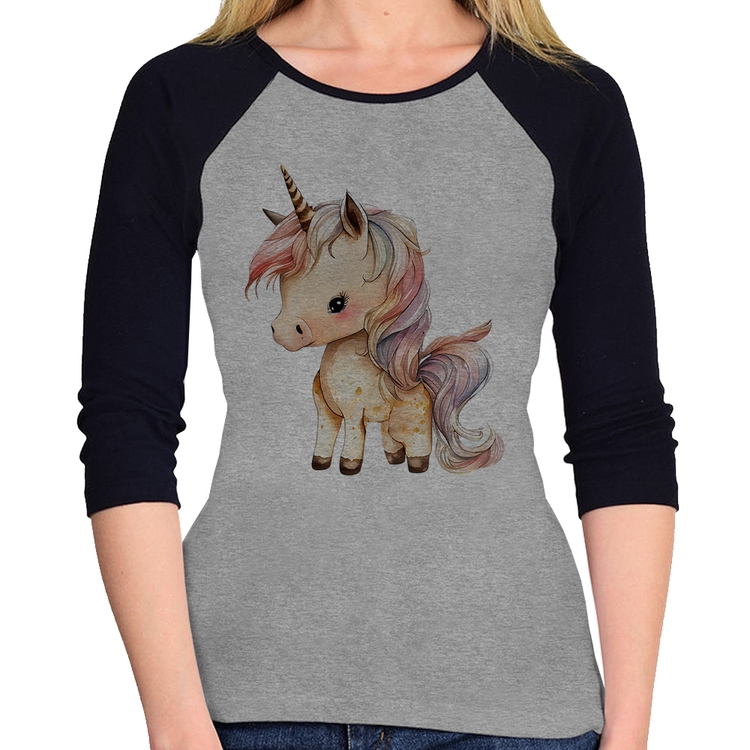 Baby Look Raglan Unicórnio Desenho Manga 3/4 - Cinza/Preto