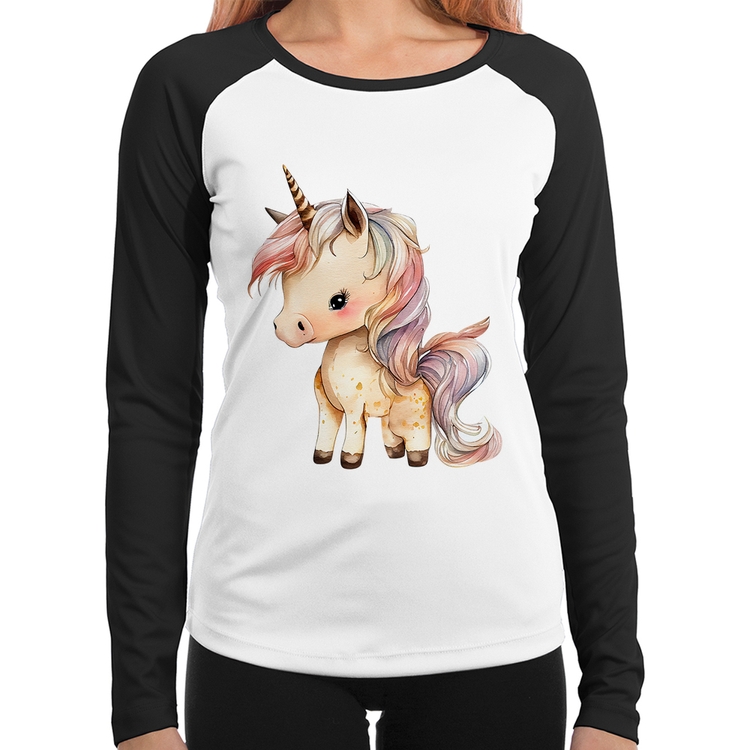 Baby Look Raglan Unicórnio Desenho Manga Longa