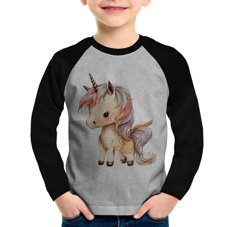 Camiseta Raglan Infantil Unicórnio Desenho Manga Longa - Cinza/Preto