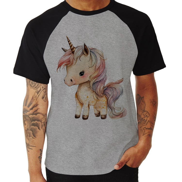Camiseta Raglan Unicórnio Desenho - Cinza/Preto