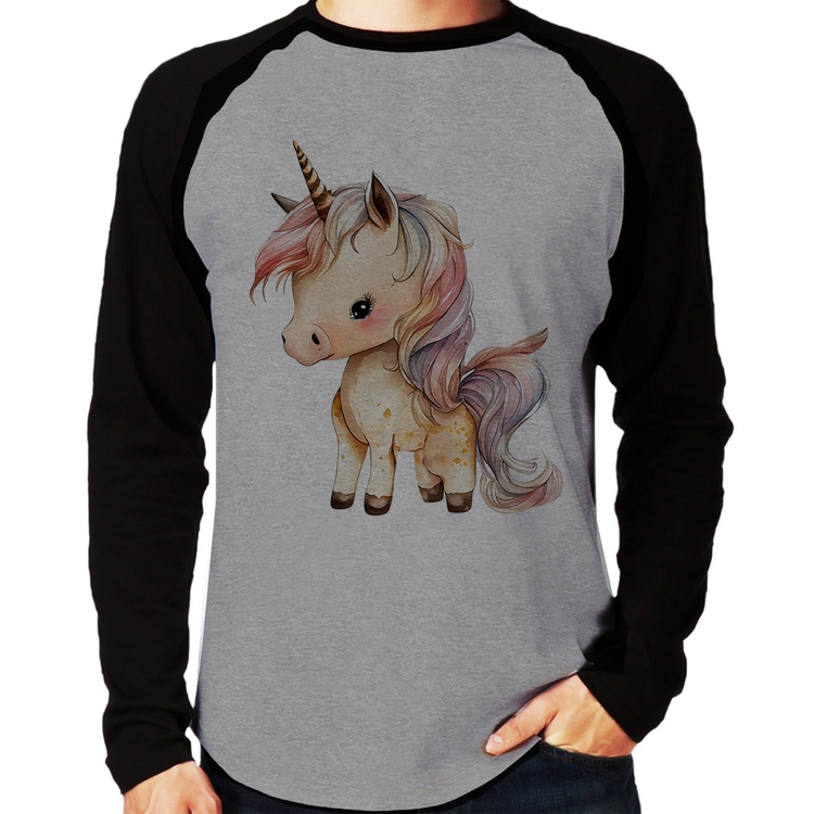 Camiseta Raglan Unicórnio Desenho Manga Longa - Cinza/Preto