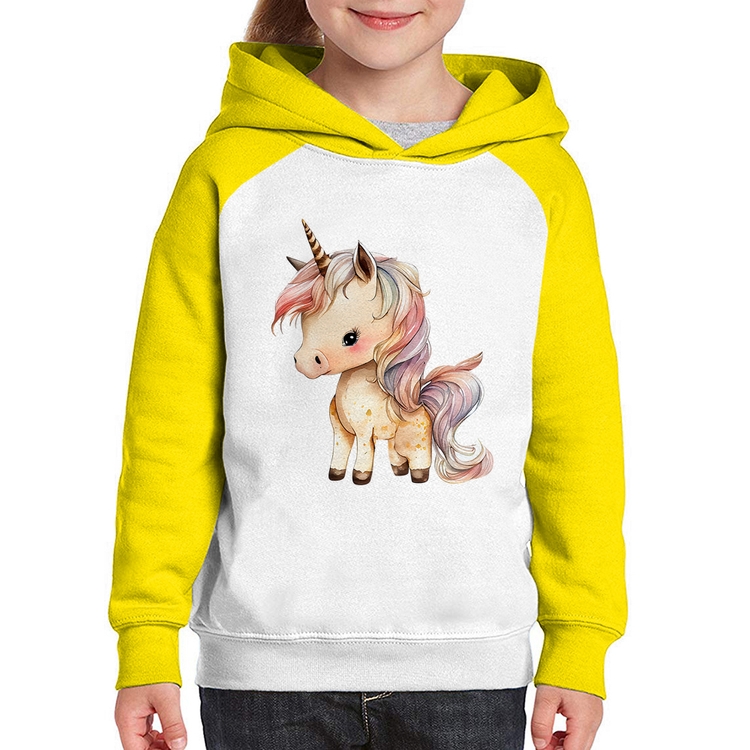 Moletom Infantil Unicórnio Desenho - Branco/Amarelo
