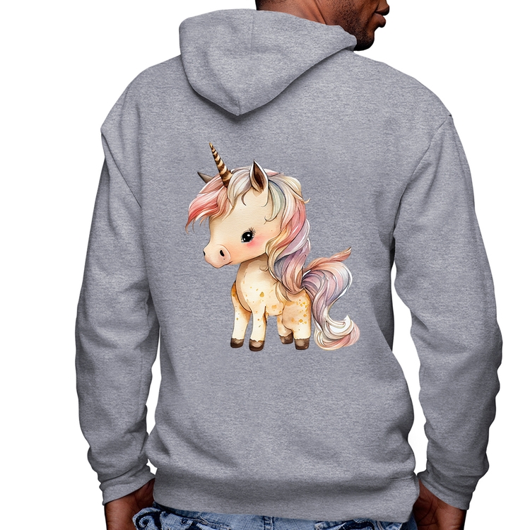 Blusa Moletom Unicórnio Desenho Masculina com Capuz e Zíper - Mescla