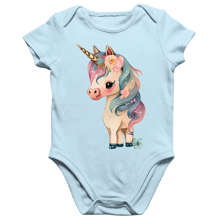 Body Bebê Algodão Unicórnio e Flores - Azul Bebê