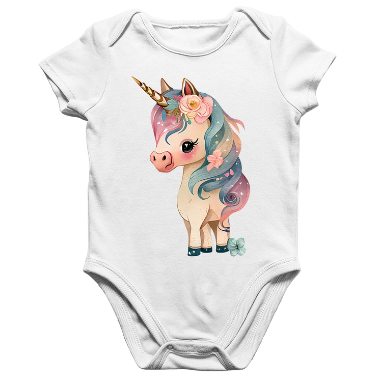 Body Bebê Algodão Unicórnio e Flores - Branco