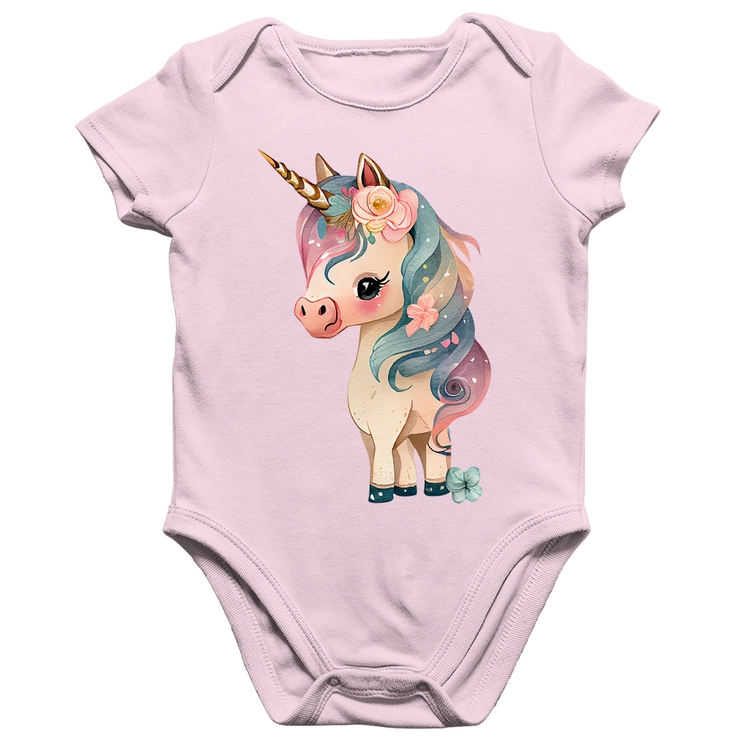 Body Bebê Algodão Unicórnio e Flores - Rosa Bebê