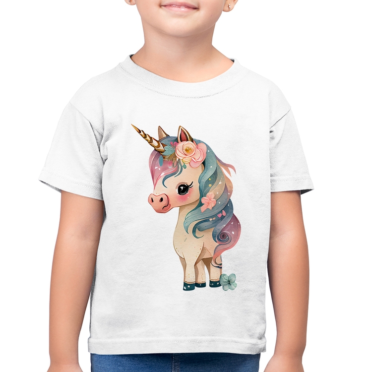 Camiseta Algodão Infantil Unicórnio e Flores - Branca