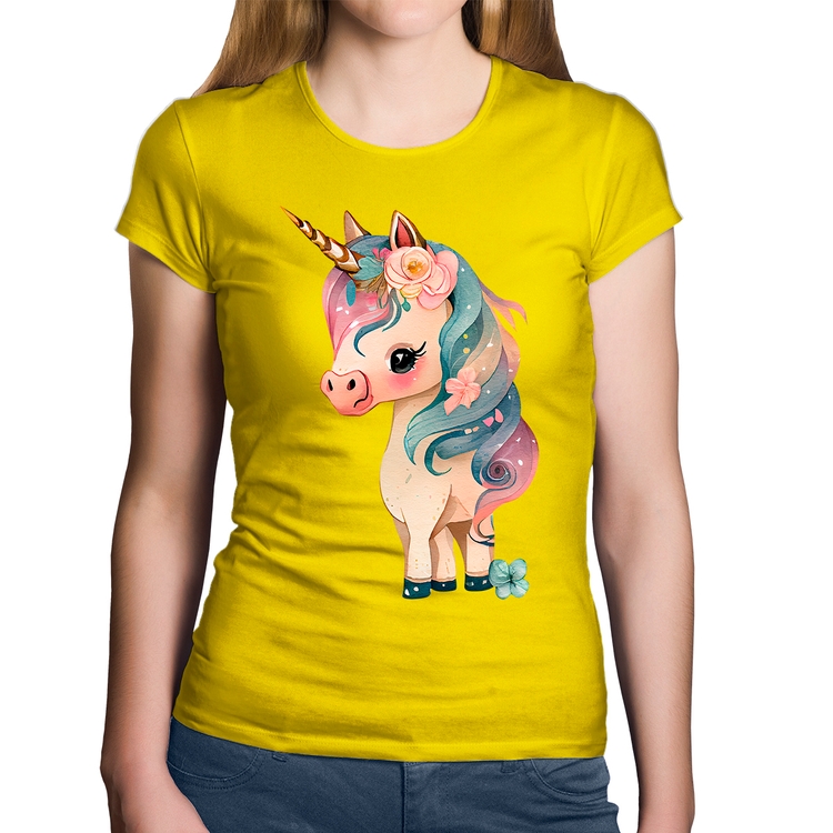 Baby Look Algodão Unicórnio e Flores - Amarela