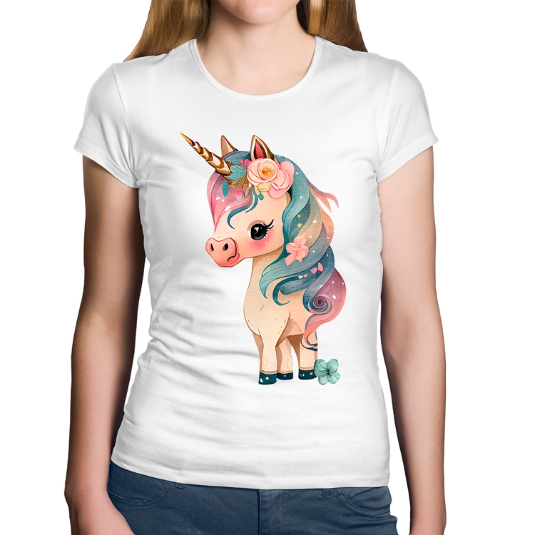 Baby Look Algodão Unicórnio e Flores - Branca