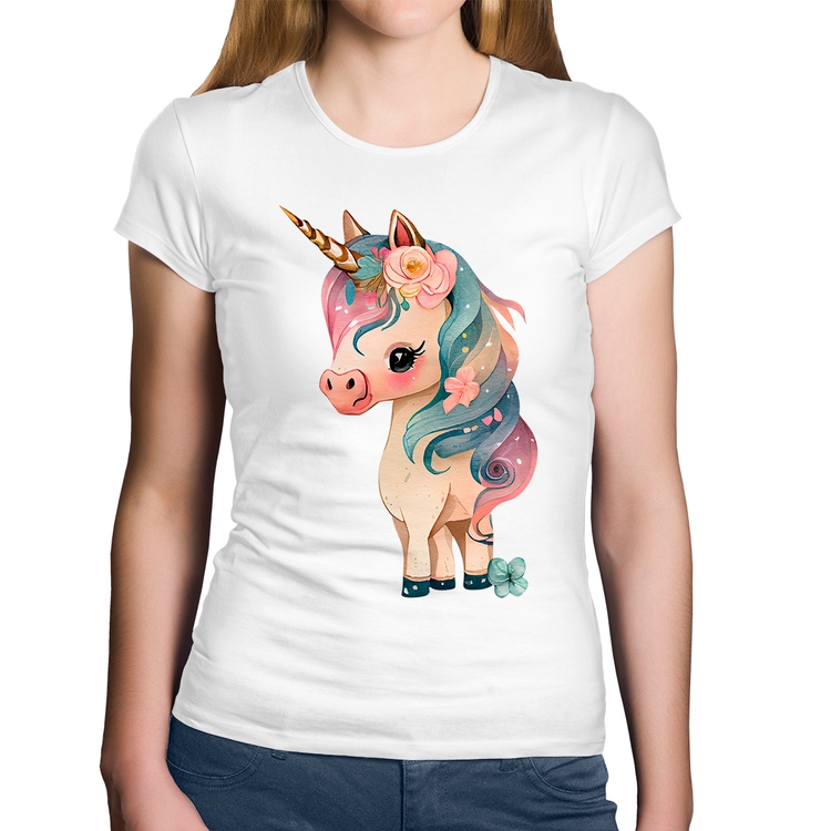 Baby Look Algodão Unicórnio e Flores - Branca