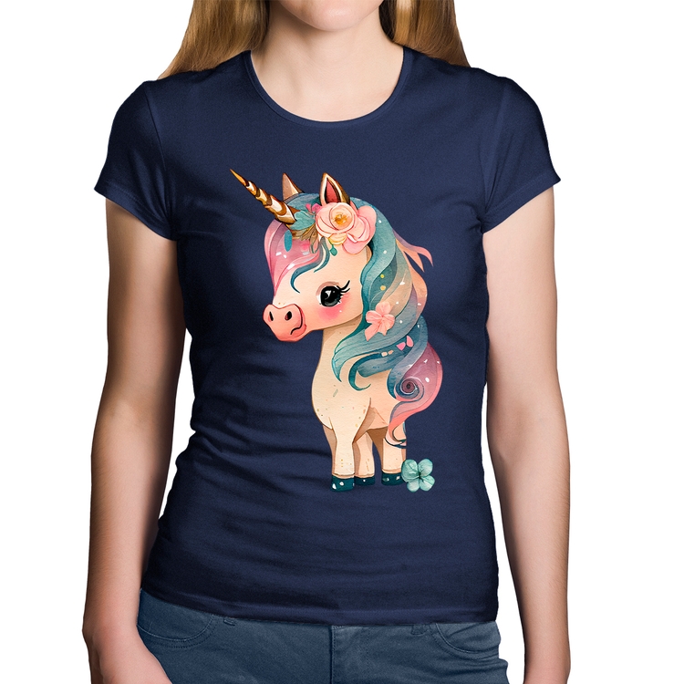 Baby Look Algodão Unicórnio e Flores - Marinho